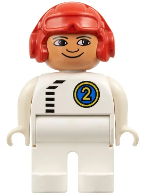Figurine Duplo, homme, jambes blanches, haut blanc avec fermeture éclair noire et numéro de course 2, casque d'aviateur rouge