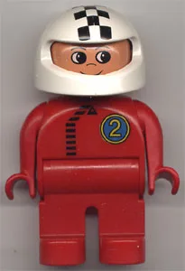 Duplo-Figur, männlich, rote Beine, rotes Oberteil mit schwarzem Reißverschluss und Rennfahrer Nr. 2, weißer Helm mit kariertem Streifen