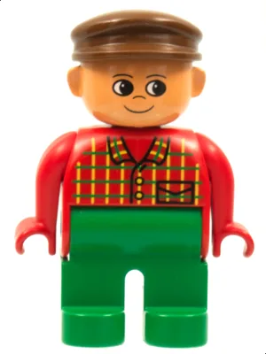 Duplo-Figur, männlich, grüne Beine, rot-kariertes Oberteil, braune Mütze