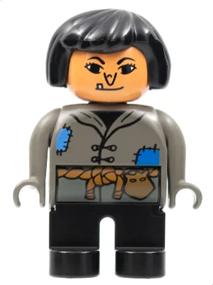Duplo-Figur, weiblich, schwarze Beine, dunkelgraues Oberteil mit blauen Flecken, schwarze Haare, Warze auf der Nase, Zahn (4171786)