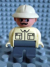 Duplo-Figur, männlich, dunkelgraue Beine, hellbraunes Oberteil, Tropenhelm, Schnurrbart (75425)