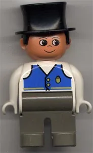 Duplo-figuur, mannelijk, donkergrijze benen, wit bovenstuk met blauw vest met zak en twee knopen, zwarte hoge hoed
