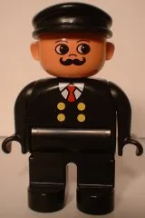 Duplo Figure, Male, Black Legs, Black Top with 4 Yellow Buttons and Red Tie, Black Hat, Curly Moustache (Train Engineer)