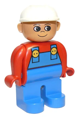Duplo-figuur, mannelijk, blauwe benen, rood bovenstuk met blauwe overall, witte bouwhelm, opstaande neus