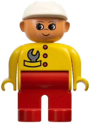 Duplo-figuurtje, vrouwelijk, rode benen, geel topje met rode knopen en moersleutel in zak, witte bouwhelm
