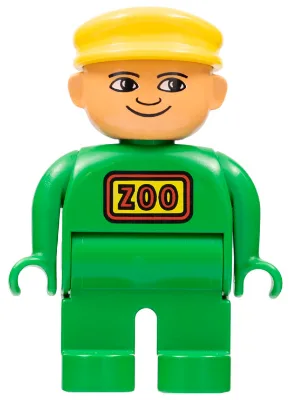 Duplo-figuur, mannelijk, groene benen, groene bovenkant, gele pet (dierenverzorger)