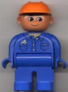Duplo-Figur, männlich, blaue Beine, blaues Oberteil mit Handy in der Tasche, orangefarbener Bauhelm