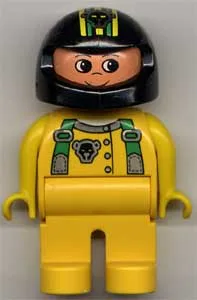 Figurine Duplo, homme, jambes jaunes, haut jaune avec bretelles de course vertes, casque noir à rayures et motif ours