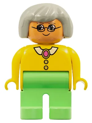 Figurine Duplo - Femme adulte, jambes vertes moyennes, haut jaune à col, boutons et motif broche, cheveux gris clair, tête couleur nougat (75484)