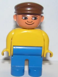 Figurine Duplo, homme, jambes bleues, haut jaune, casquette marron, motif yeux blancs