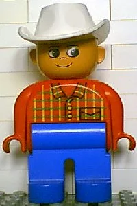 Figurine Duplo, homme, jambes bleues, chemise à carreaux rouges, chapeau de cowboy blanc