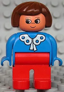 Duplo Figur - Weiblich, Erwachsene Frau, Rote Beine, Blaues Oberteil mit Spitzenkragen, Braunes Haar, Nougat-Kopf (75472)