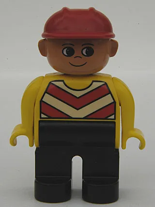 Figurine Duplo, homme, jambes noires, gilet à chevrons, bras jaunes, casque de chantier rouge