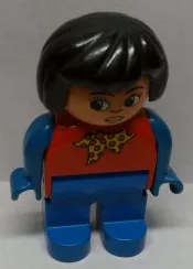 Figurine Duplo, femme, jambes bleues, haut rouge avec foulard à pois jaunes et rouges, bras bleus, cheveux noirs, nez retroussé