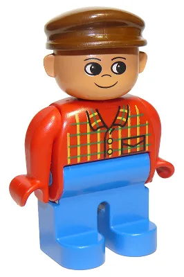 Duplo-Figur, männlich, blaue Beine, rot-kariertes Oberteil, braune Mütze