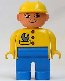 Duplo-Figur, männlich, blaue Beine, gelbes Oberteil mit Schraubenschlüssel in der Tasche, gelber Bauhelm