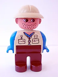 Duplo-figuur, mannelijk, bruine benen, beige bovenstuk, blauwe armen, beige tropenhelm, stoppelbaard.
