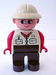 Duplo-figuurtje, vrouwelijk, bruine benen, rode armen, beige tropenhelm, wimpers