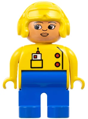 Duplo-Figur, weiblich, blaue Beine, gelbes Oberteil mit Radio in der Tasche, gelber Fliegerhelm, Wimpern, Stupsnase (4100696)