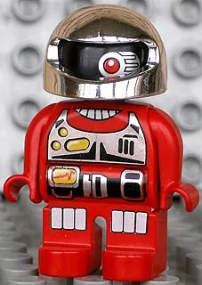 Figurine Duplo, Robot Action Wheeler, jambes rouges, ceinture utilitaire, panneau de poitrine, un œil rouge et casque argenté