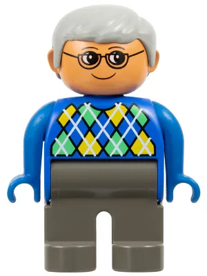 Figurine Duplo - Homme adulte, jambes gris foncé, haut bleu à motif losanges, cheveux gris clair, tête couleur nougat (75488)