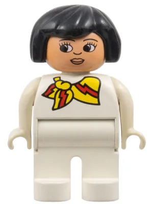 Duplo-Figur, weiblich, weiße Beine, weißes Oberteil und gelb-roter Schal, schwarze Haare
