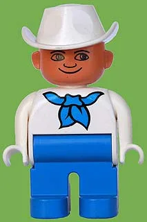 Duplo-Figur, männlich, blaue Beine, weißes Oberteil mit blauem Bandana, weißer Cowboyhut, einfache Augen