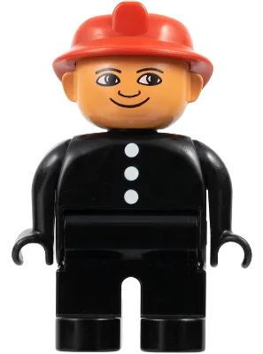 Duplo-Figur, männlicher Feuerwehrmann, schwarze Beine, schwarzes Oberteil mit 3 weißen Knöpfen, roter Feuerwehrhelm