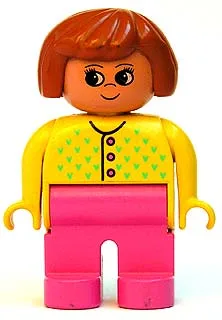 Duplo-Figur, weiblich, dunkelrosa Beine, gelber Pullover mit 3 Knöpfen und V-Naht, dunkelorange Haare
