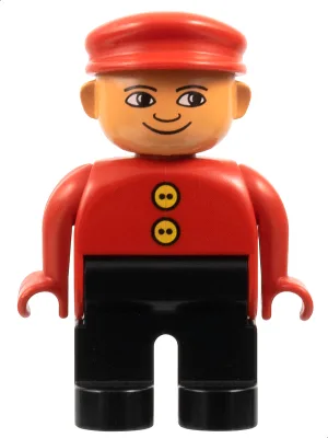 Figurine Duplo, homme, jambes noires, haut rouge à 2 boutons jaunes, casquette rouge