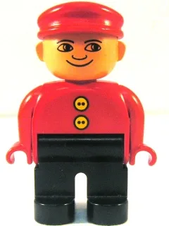Figurine Duplo, homme, jambes noires, haut rouge à 2 boutons jaunes, casquette rouge, sans motif blanc dans les yeux