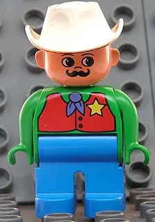 Duplo-figuur, mannelijk, blauwe benen, groen shirt met rood vest met sheriffster, snor, witte cowboyhoed