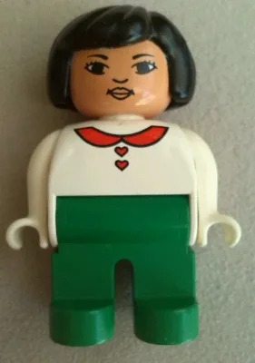 Duplo-Figur, weiblich, grüne Beine, weiße Bluse mit roten Herzknöpfen und Kragen, schwarze Haare, Lippen