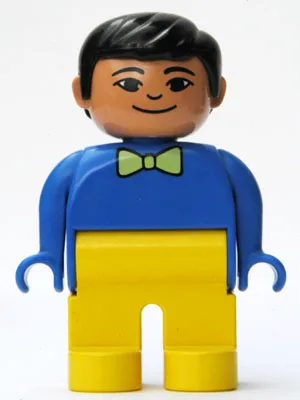 Duplo-Figur, männlich, gelbe Beine, blaues Oberteil mit hellgrüner Fliege, schwarze Haare, Grinsen