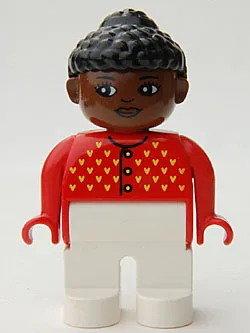 Duplo-Figur, weiblich, weiße Beine, roter Pullover mit gelben V-förmigen Ziernähten und Knöpfen, schwarzes lockiges Haar im Dutt, brauner Kopf