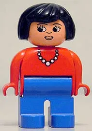Duplo-Figur, weiblich, blaue Beine, rotes Oberteil mit Halskette, schwarze Haare