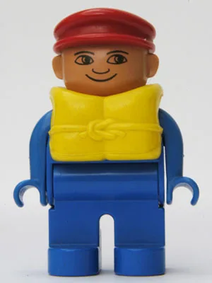 Duplo-figuur, mannelijk, blauwe benen, blauw bovenstuk, reddingsvest, rode pet, geen wit in de ogen