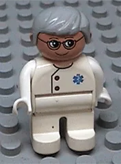 Duplo-Figur, Arzt/Sanitäter - männlich, erwachsener Mann, weiße Beine, weißes Oberteil mit Knöpfen und Rettungssanitäter-Symbol „Stern des Lebens“, hellgraues Haar, nougatfarbener Kopf (75491)