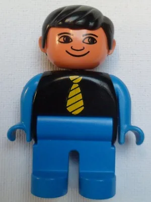 Duplo-figuur, mannelijk, blauwe benen, zwart shirt met gele stropdas, blauwe armen, zwart haar