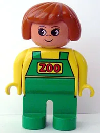 Duplo-figuur, vrouwelijke dierentuinmedewerker, groene benen, gele top met groene overall, donkeroranje haar (dierenverzorger) (75695)