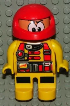 Duplo Figur, männlicher Rennfahrer, gelbe Beine, gelbes Oberteil mit Rennmuster, roter Rennhelm (4141909)