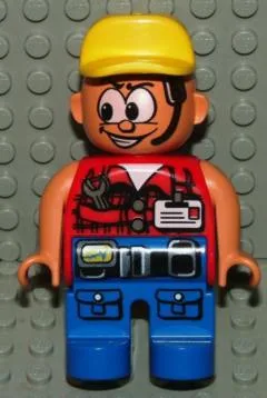 Duplo-figuur, mannelijke actie-Wheeler, blauwe benen met riem en zakken, rood vest met moersleutel en identificatieplaatje, gele pet (4141906)