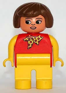 Figurine Duplo, femme, jambes jaunes, haut rouge avec foulard à pois jaunes, bras jaunes, cheveux, nez et lèvres bruns, yeux blancs