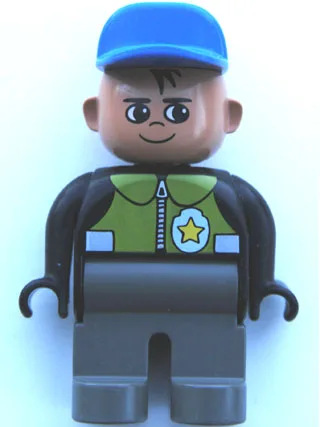 Figurine Duplo, policier (homme), jambes gris foncé, haut noir avec gilet vert clair et insigne de police, casquette bleue