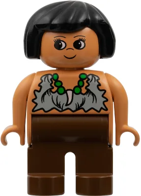 Duplo-Figur, weiblich, braune Beine, Muster mit Zahnhalskette, schwarzes Haar (Höhlenfrau)