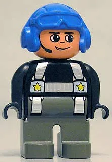 Figurine Duplo, policier (homme), jambes gris foncé, haut noir avec harnais argenté et étoiles jaunes, casque audio, casque d'aviateur bleu