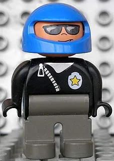 Figurine Duplo, policier (homme), jambes gris foncé, veste noire zippée, insigne de police, casque bleu