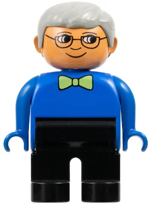 Duplo-Figur, männlich, schwarze Beine, blaues Oberteil mit grüner Fliege, graue Haare, Brille