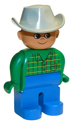 Duplo-figuurtje, mannelijk, blauwe benen, groen bovenstuk met zakje, lichtgrijze cowboyhoed