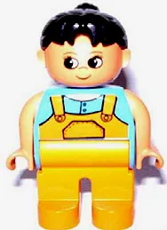 Duplo-Figur, weiblich, mittelorange Beine, mittelblaues Oberteil mit Latzhose, schwarze Haare